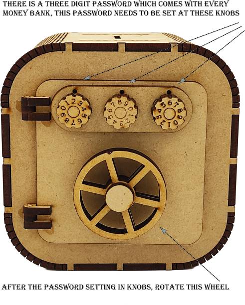 dishvy Wooden Locker cum Coin Bank with 3 Password Knobs and rotating Wheel lock|Designer Piggy bank|Money Bank|Gullak|Best return Gift|Suitable for both Boys and Girls Coin Bank