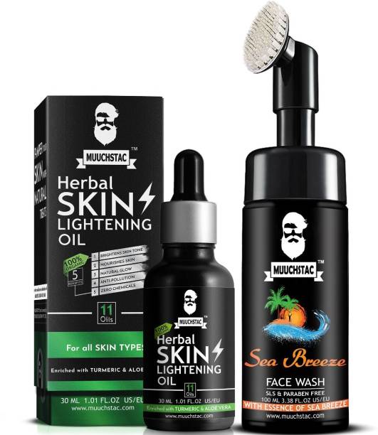 MUUCHSTAC Skin Lightening Combo - Herbal Skin Lightening Oil and Sea Breeze Foam Face Wash with Brush
