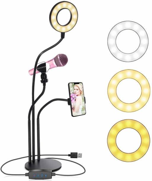TULUA Flash Light 3-in-1 Professional Live Stream Kit with 3-Tone Ring Flash + Mobile Holder & Mic Holder Mounts Along with Table Base Support for... Ring Flash