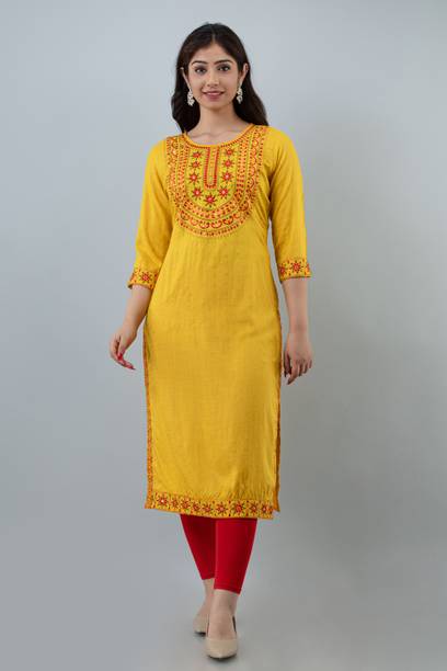 STYLE ANGEL Women Printed Viscose Rayon Straight Kurta (Yellow)