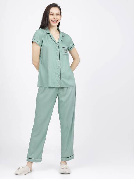 Women Shirt & Pyjama set Green Embroidered