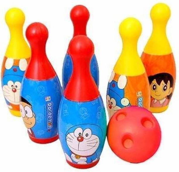 VISIONARY 6 pins 1 Ball Indore and Outdoor Bowling Set for Kids ,Multi Color, Plastic ,Pack of 7pcs (Doraemon) Sports Bowling Set