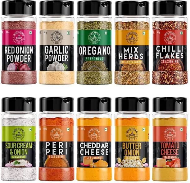 ARTHA NATURAL All in One Herbs and Seasoning - Onion Powder 100g, Garlic Powder 80g, Oregano 65g, Chilli Flakes 80g, Italian Mixe Herb 100g, and Seasoning Like Cheddar Cheese 100g, Peri Peri 100g, Cheese Tomato 100g, Butter Onion 100g, Cream and Onion 100g (10 in 1 combo - 3 Herbs, 2 Spices, 5 Seasoning) - 925g