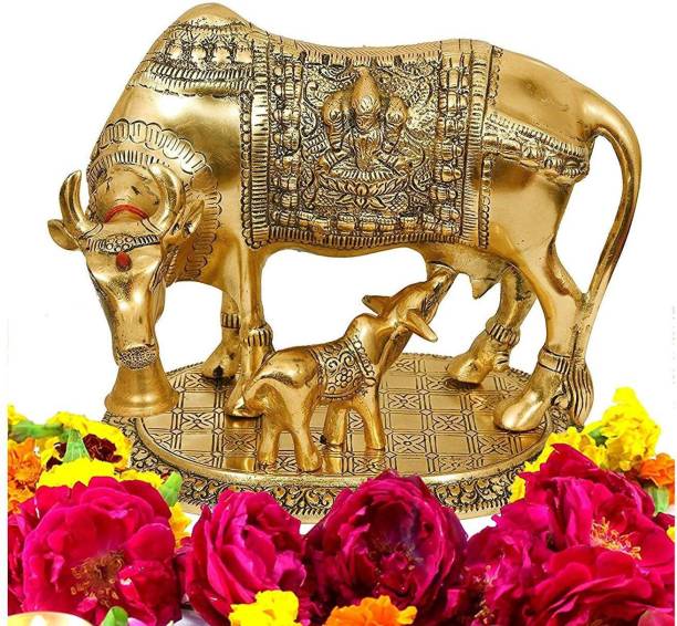 INTERNATIONAL GIFT Gold Plated Hindu Religious Laxmi Ganesh Kamdhenu Cow with Calf (18/22 cm, Gold) Religious Tile