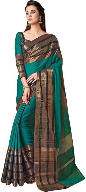 Striped, Woven, Embellished, Solid/Plain Bollywood Cotton Blend, Art Silk Saree
