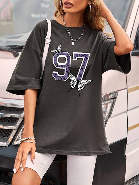 Urbanic Printed Women Round Neck Grey T-Shirt