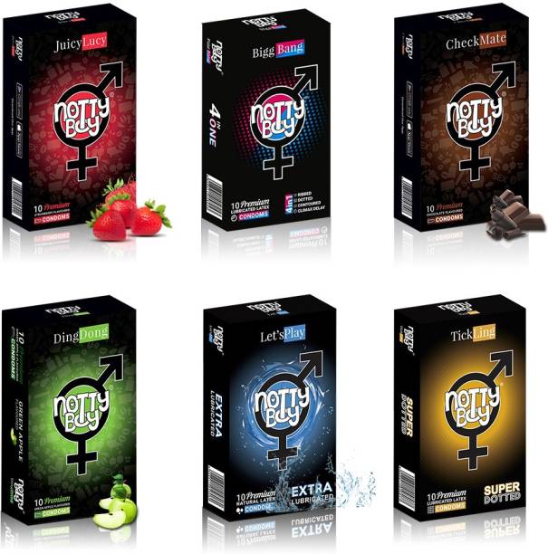 NottyBoy Honeymoon Pack Six Different Variety - Strawberry, Dotted, Extra Lubricated, Green Apple, Ribbed, Extra Time, Chocolate Flavoured Condom