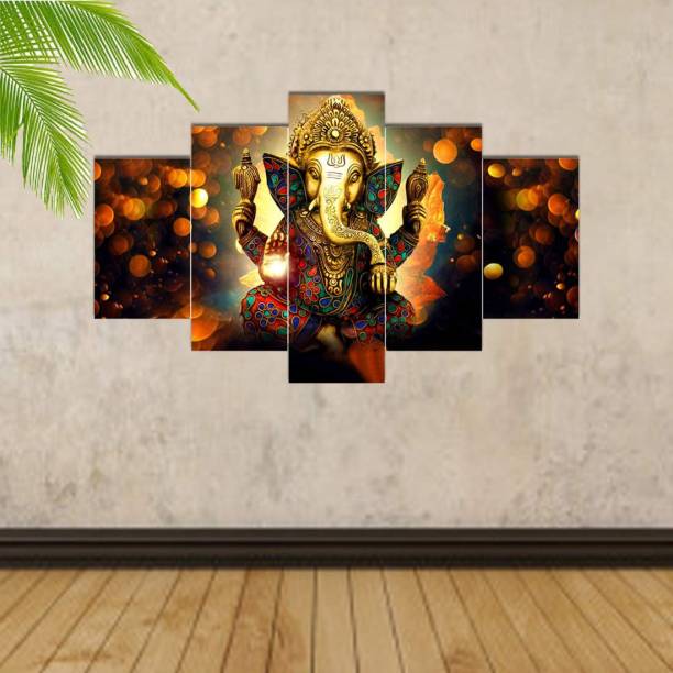 Masstone Lord Ganesha Art Print Religious 5 Panel Self Adhesive MDF Painting Digital Reprint 17 inch x 30 inch Painting