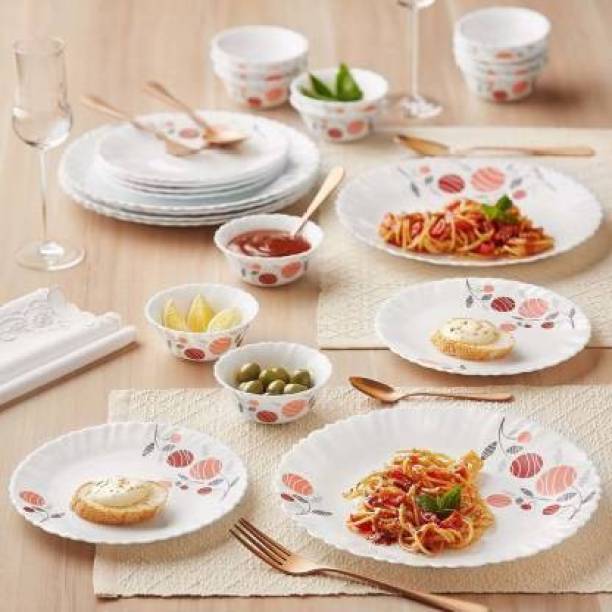Larah by Borosil Pack of 34 Opalware Galaxy Dahlia Crockey Set for Dining & Gifting, Plate & Bowl Dinner Set