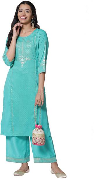RANGRITI Pack of 2 Printed Polyester Straight Kurta for Women Green