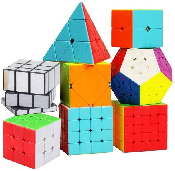 Authfort Speed 2X2 3x3 4x4 5x5 and Mirror Silver Pyraminx Pyramid Triangle, Megaminx, Squire cube set Puzzle Cubes Combo (B - Pack of 8 Cube)