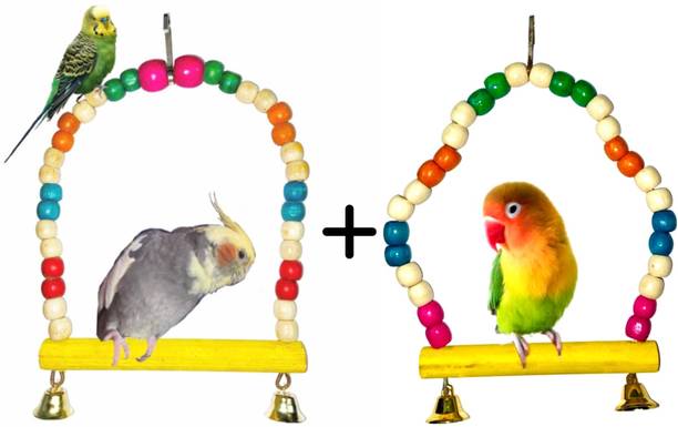 Wriddhi Combo Of Colorful Wooden Swing, Interactive Playful Bird Hanging Rings/Swing Toy For Birds Cage Accessories Resting Toy Wooden Training Aid For Bird Perch For Cockatiel Conure Lovebirds Canaries Little African Parrot, Java, Finches, Budgies and all small birds. Bird Play Stand