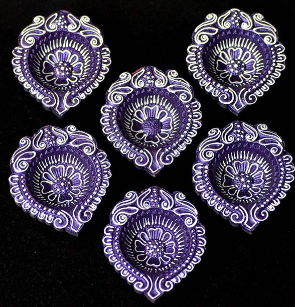 Namisha Elegant Diyas | for Party | Festival | Celebrations | Gift | with Tea-Lights Handmade Lighting | Decoration | PURPLE COLOUR | Set of 6 Terracotta Diyas | Mitti Diyas | Terracotta (Pack of 6) Table Diya Set