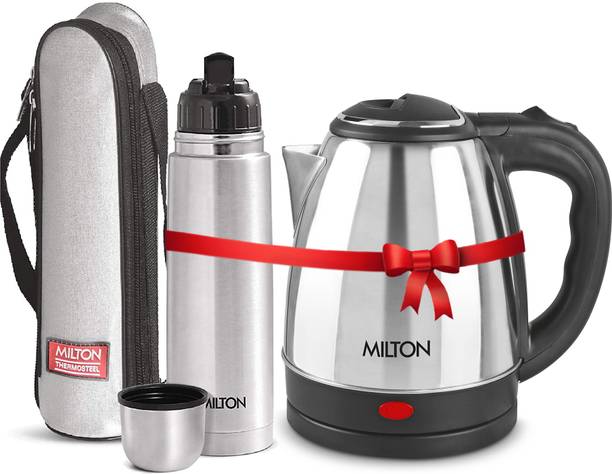MILTON Combo Set Insta Electric Stainless Steel Kettle, 1.5 Litres, Silver and Flip Lid Thermosteel Hot or Cold Stainless Steel Water Bottle with Jacket, 1 Litre, Silver Electric Kettle