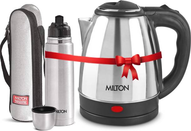 MILTON Combo Set Insta Electric Stainless Steel Kettle, 2 Litres, Silver and Flip Lid Thermosteel Hot or Cold Stainless Steel Water Bottle with Jacket, 500 ml, Silver Electric Kettle