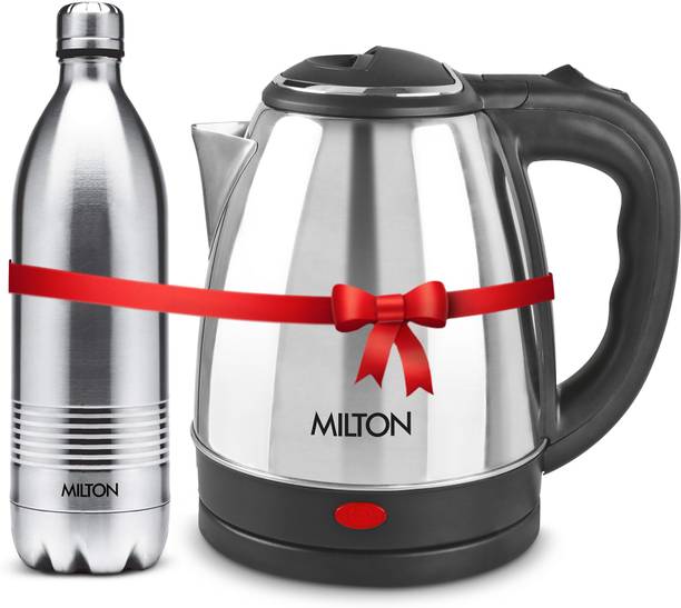 MILTON Combo Set Insta Electric Stainless Steel Kettle, 2 Litres, Silver and Duo DLX Thermosteel Hot or Cold Stainless Steel Water Bottle, 1 Litres, Silver Electric Kettle