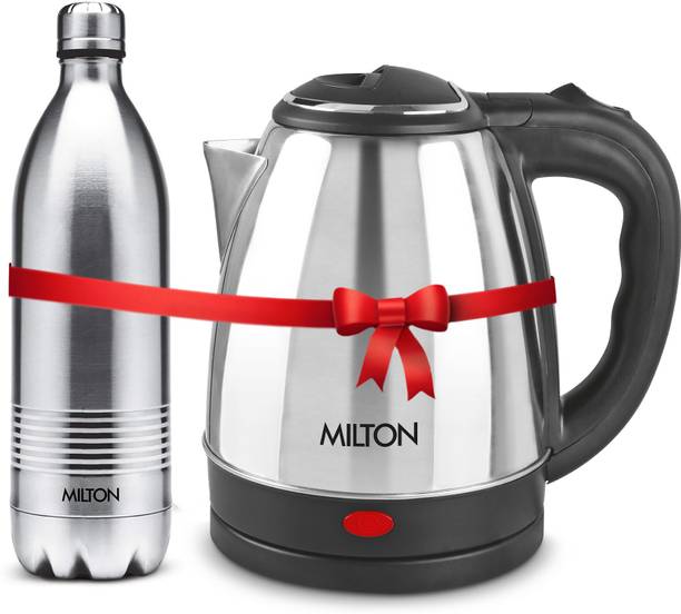 MILTON Combo Set Insta Electric Stainless Steel Kettle, 1.5 Litres, Silver and Duo DLX Thermosteel Hot or Cold Stainless Steel Water Bottle, 1 Litres, Silver Electric Kettle