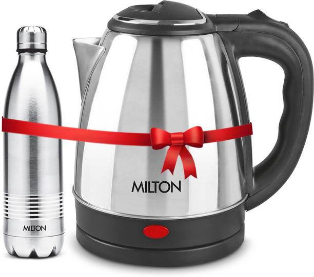 MILTON Combo Set Insta Electric Stainless Steel Kettle, 2 Litres, Silver and Duo DLX Thermosteel Hot or Cold Stainless Steel Water Bottle, 500 ml, Silver Electric Kettle