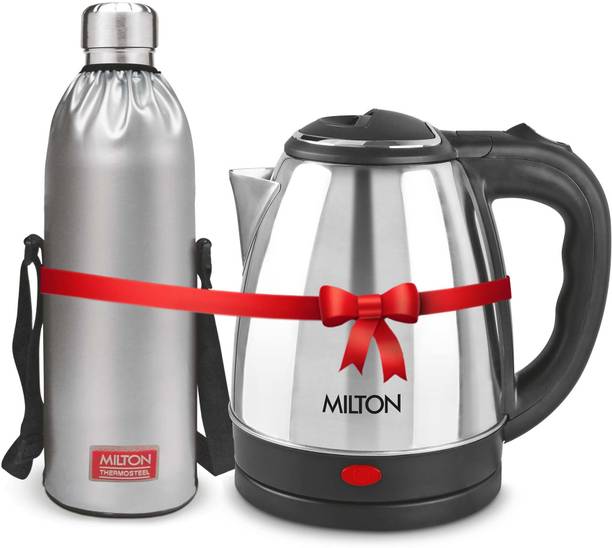 MILTON Combo Set Insta Electric Stainless Steel Kettle, 1.2 Litres, Silver and Duo DLX Thermosteel Hot or Cold Stainless Steel Water Bottle with Jacke