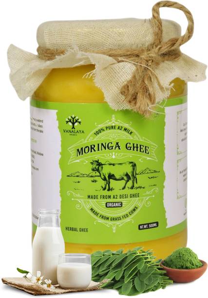 Vanalaya Moringa infused Desi Cow Ghee for energy and immunity support 500ml Glass Bottle
