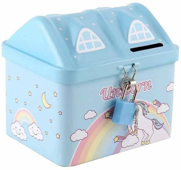 Neel House Shape Unicorn Toys Printed Metal Coin Bank Toy Piggy Bank for Kids with Lock Key Coin Bank Small Saving Account Unicorn Bank