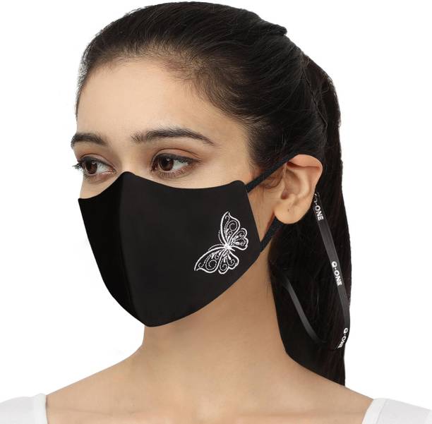 MASQ Anti-Pollution, Anti-Bacterial (BFE>99%) 4 Layer Embroidered, Designer, Fashionable & Protective Nylon Cloth Face Mask Combo for Women, Girls with Detachable Chain, Size Adjustable Ear Loops & Lanyard Snowflake_Combo_Large_03 Reusable, Washable Cloth Mask