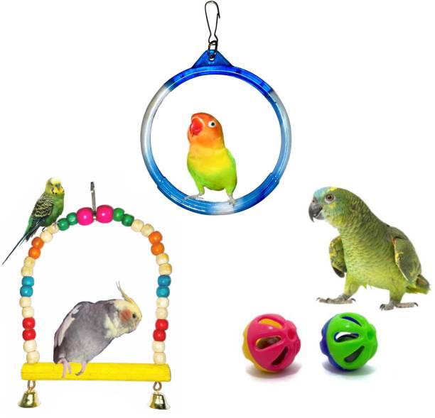 Wriddhi Combo Of Colorful Wooden Swing, Interactive Playful Bird Hanging Rings/Swing Plastic Chew Toy, Bird Interactive Bell Ball For Birds Cage Accessories Resting Toy Wooden Training Aid For Bird & Parrots, For Cockatiel Conure Lovebirds Canaries Little African Parrot Bird Play Stand Wooden, Plastic Chew Toy Bird Play Stand