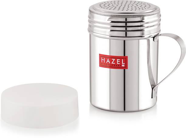 HAZEL Stainless Steel Powder Shaker with Handle And Plastic Lid Cap|Dredger with Handle |Salt And Pepper Cellar Cocoa Chocolate Powder Shaker , Capacity 310 ml, Silver  - 310 ml