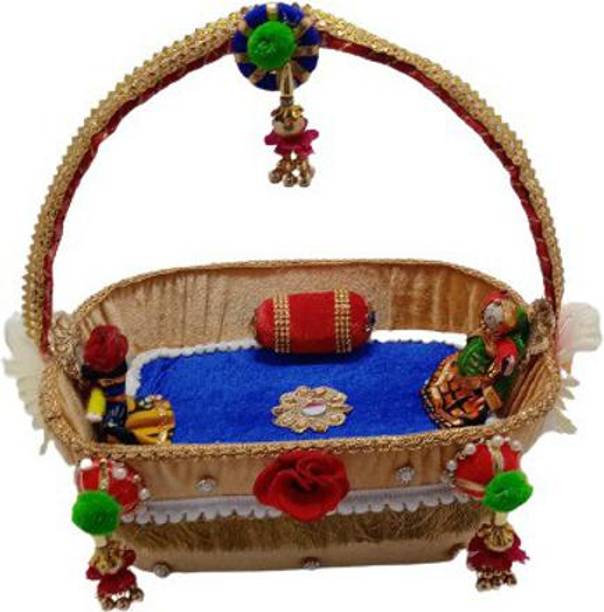 Kanha Laddu Gopal RAJASTHANI Look COUPLE PUPPET CARRY Basket Cum Singhasan Cum BED Size Small (0 to 2) Best For ALL Upcoming Festival Seasons Special Basket [We Can EASILY CARRY Our LADDU Safely With This] (Navratri,Dandia And Diwali Special Basket) Handmade Premium Quality Jhula