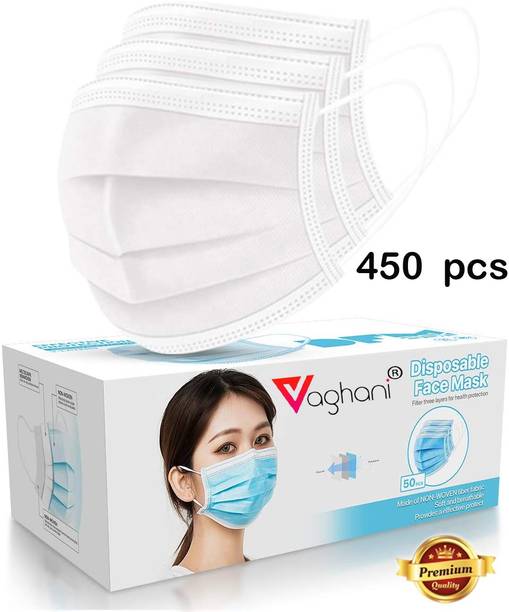 Vaghani 450 Pcs White Mask With Nose Pin Disposable Iso Mark 3 Ply Pharmaceutical Breathable Surgical Pollution Face Mask Respirator with 3 Layer For Men, Women, Kids ( 3 Layer ) 3 Ply Surgical Mask (450 Piece) ( White )( Govt. Approval ) Surgical Mask With Melt Blown Fabric Layer
