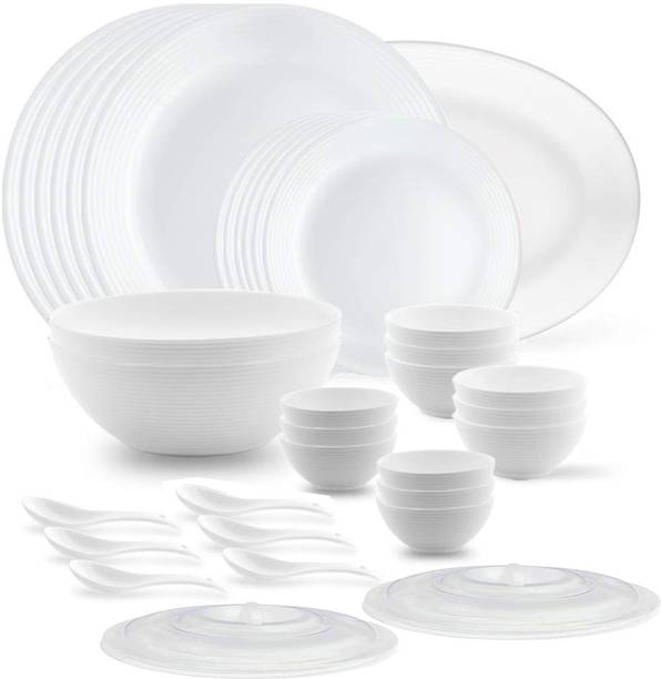 बोरोसिल By Larah OR{Dinner plate 11"(6 pcs) || Quarter plate 7.5"(6 pcs) || Oval platter 13"(1 Pcs) || Veg bowl 180ml(6 Pcs) || Soup Bowl 265ml(6 pcs) || Serving bowl medium 1.29L(2 Pcs) with Lid(2 pcs) || Spoon (6 pcs)} 35 का पैक डिनर सेट