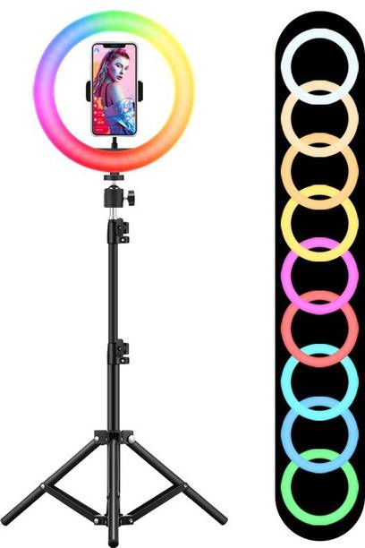 Wrapo 10Inch RGB Colors Ring Light Tripod 3 Mode Light 10 Level Brightness Adjust 360 Rotation Mobile Holder Clip 26 Color Change Light for Insta Reels Mx Takatak YouTube Vlog Makeup Photography Ring Flash