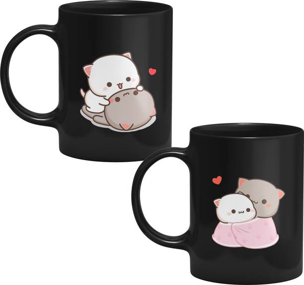 GIFTkarde Goma Peach Couple Coffees, Color: Black , Set of 2, 11oz Cups Ceramic Coffee Mug