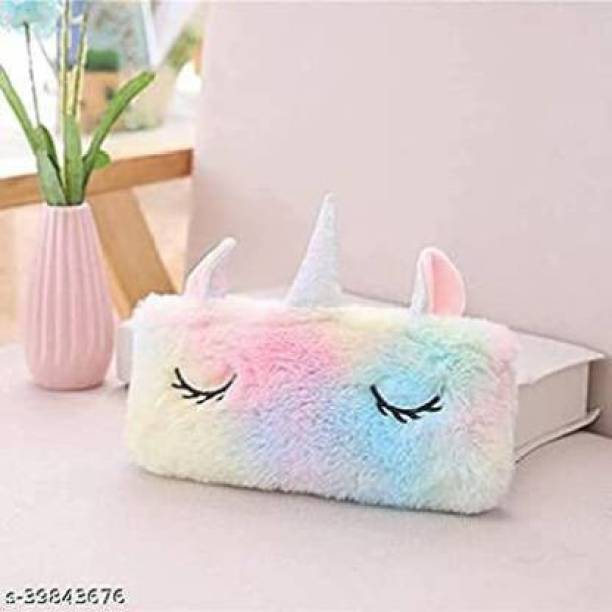 Neel super Pack of 1 Unicorn Soft Plush Fabric Further Pencil Storage Case Pouch- Kids School Supply Organizer Students Stationery Pouch for Girls, Assorted Design unicorn Art Polyester Pencil Box