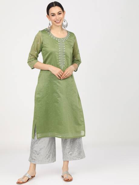Women Embroidered Cotton Silk Straight Kurta Price in India