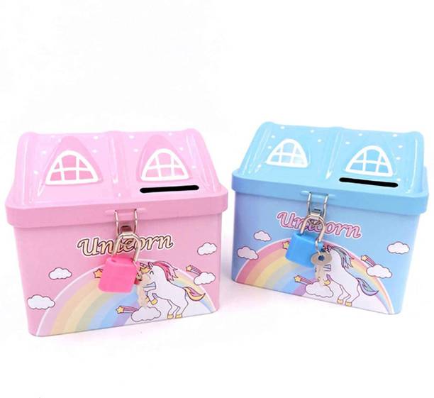 Neel House Shape Unicorn Toys Printed Metal Coin Bank Toy Piggy Bank for Kids with Lock Key Coin Bank Small Saving Account Unicorn Bank (Pack of 2)