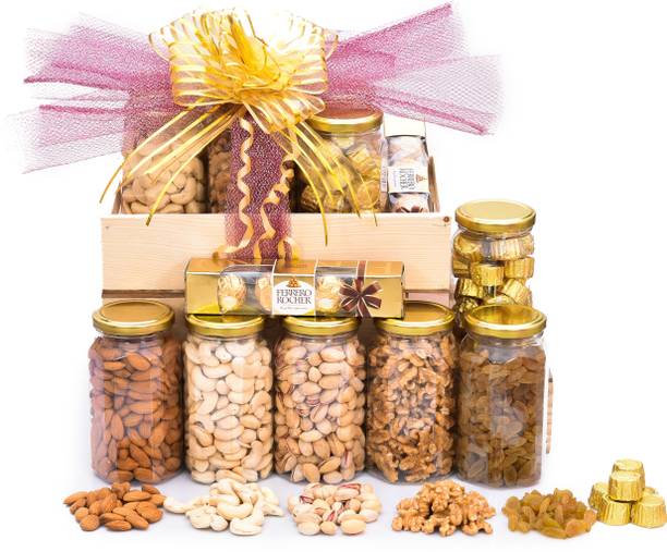 Giftrend Dryfruit Gift Hamper/Box With Cashew,Almonds,Raisins,Pistachios,Walnut Kernels,Swiss Chocolates,Ferrero Rocher For Diwali/Bhai Dooj/Birthday/Anniversary/Christmas/Corporate Gift/Thanks Giving, 650gm Wooden Gift Box