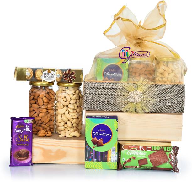 Giftrend Chocolates,Dryfruits And Nuts Ethnic Gift Basket/Hamper/Box For Diwali/Bhai Dooj/Birthday/Anniversary/Christmas/Lohri/Office Gift/Business Promotion/Sorry/New Year/Valentine Day/Thanks Giving, 600gm Wooden Gift Box