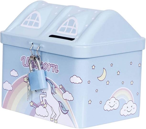 GAMLOID GOOD QAULITY Perfect Return Birthday Unicorn Printed House Shape Piggy Bank & Lock, Keys Coin Safe, Storage Money Box, Coin Bank, for Kids Girls,| X-Mas | Special Occasion Gifts Coin Bank