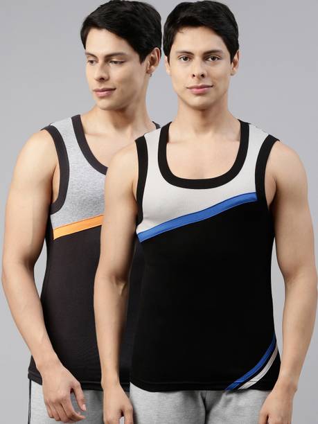 AMUL MACHO Pack of 2 E_COMM BOLD GYM VEST B-1400 BLACK/DARK GREY M...