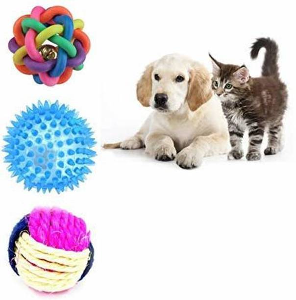 Woofy Ball Chew Teether Toys for Dog, Puppy, Cat, Kitten -Combo of 3 Jute, Silicone, Rubber Ball, Chew Toy, Squeaky Toy For Cat