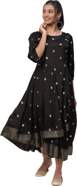 RANGRITI Women Gathered Black Midi/Calf Length Dress