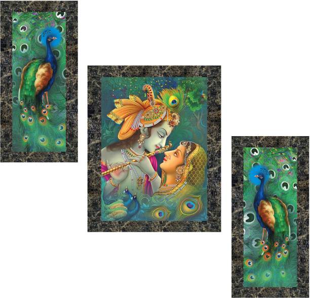 Indianara Set of 3 Radha Krishna with Peacock Framed Art Painting (3775MGY) without glass (6 X 13, 10.2 X 13, 6 X 13 INCH) Digital Reprint 13 inch x 10.2 inch Painting