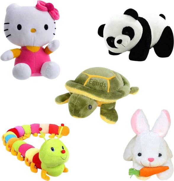 Eguds Adorable and lovable set of 5 super soft stuffed toys in beautiful shades of rabbit, hello kitty, turtle, caterpillar, panda / special gift for kids, birthdays and anniversaries/ home decoration  - 25 cm