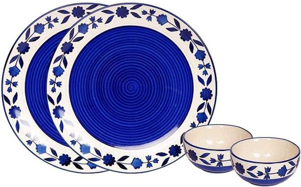 VolCraft Pack of 4 Ceramic Microwave & Dishwasher Safe Blue Bell Design 2 Dinner Plate, 2 Katori Bowl Dinner Set