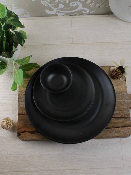 वॉलक्राफ्ट Black Matte 1 Dinner & 1 Quarter Plate, 1 Bowl Microwave & Dishwasher Safe 3 का पैक डिनर सेट