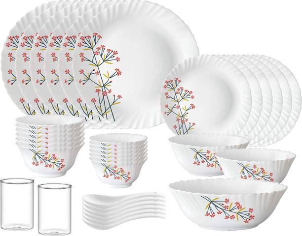 बोरोसिल RB{{Dinner plate 10"(6 pcs) || Quarter plate 7.5"(6 pcs) || Rice Bowl 8.5" 1.2 Ltr (1 Pc) || Veg bowl 4.3"(6 Pcs) || Small Veg Bowl 3.9"(6 pcs) || Serving Bowl 7"(2 pcs) || Spoon (6 pcs) || Juice Glass 120ml (2 Pcs)}} 35 का पैक डिनर सेट