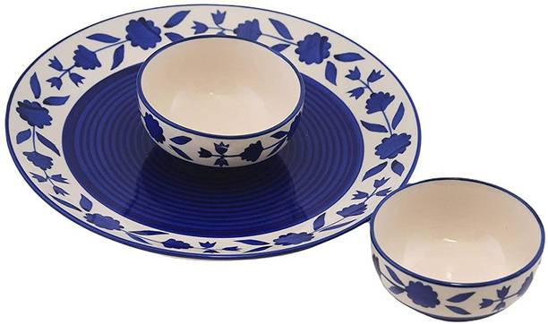 VolCraft Pack of 3 Ceramic Blue Floral Design 1 Dinner Plate, 2 Katori Bowl Microwave & Dishwasher Safe Dinner Set