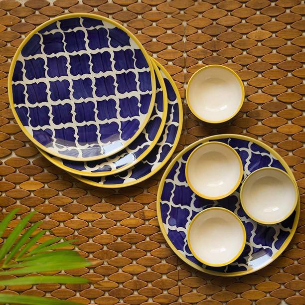 VolCraft Pack of 8 Ceramic Hand Made Blue Umrao 4 Dinner Plates, 4 Katori Bowl Microwave & Dishwasher Safe Dinner Set