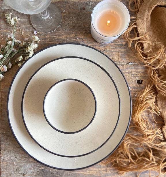 VolCraft Pack of 3 Ceramic White Matte Microwave Safe 1 Dinner Plate, 1 Quarter Plate, 1 Katori Bowl Dinner Set